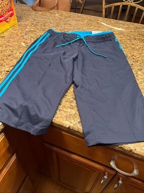 Women’s Athletic Drawstring Shorts - Navy with Teal Trim